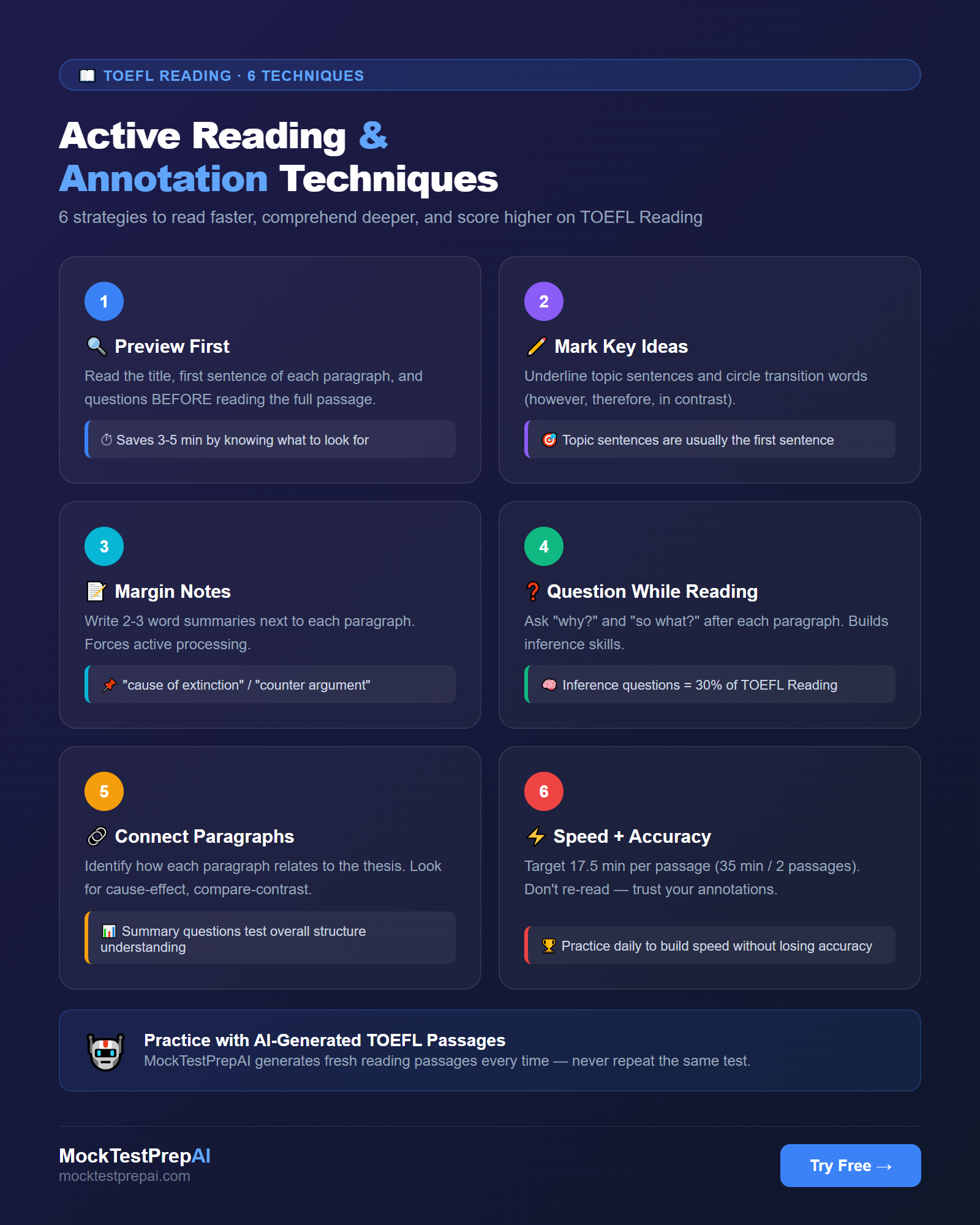 TOEFL Reading — 6 active reading and annotation techniques infographic