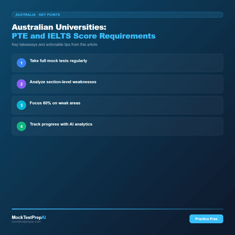Australian Universities: PTE and IELTS Score Requirements infographic