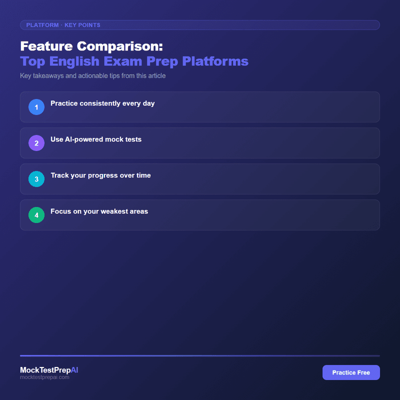 Feature Comparison: Top English Exam Prep Platforms infographic