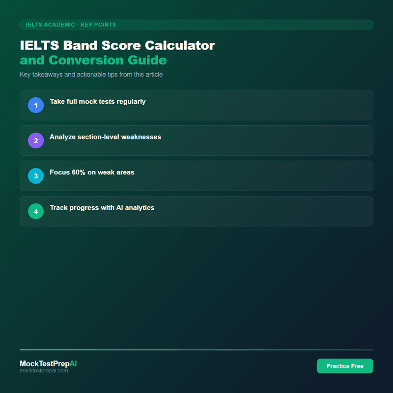 IELTS Band Score Calculator and Conversion Guide infographic
