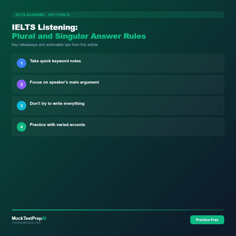 IELTS Listening: Plural and Singular Answer Rules infographic