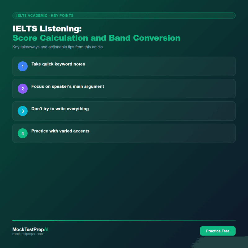 IELTS Listening: Score Calculation and Band Conversion infographic