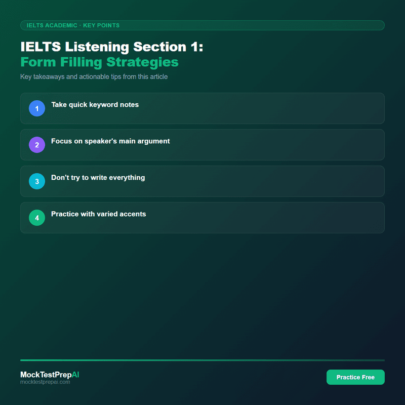 IELTS Listening Section 1: Form Filling Strategies infographic