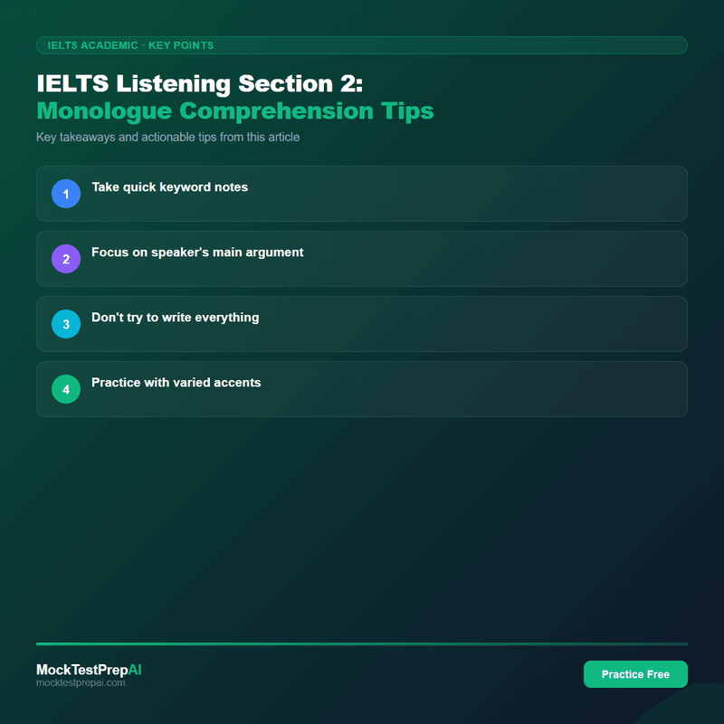 IELTS Listening Section 2: Monologue Comprehension Tips infographic
