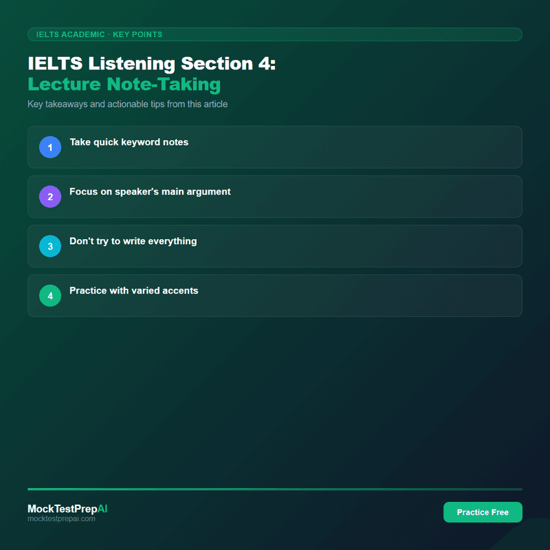 IELTS Listening Section 4: Lecture Note-Taking infographic