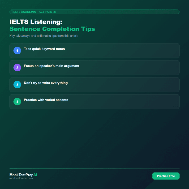 IELTS Listening: Sentence Completion Tips infographic