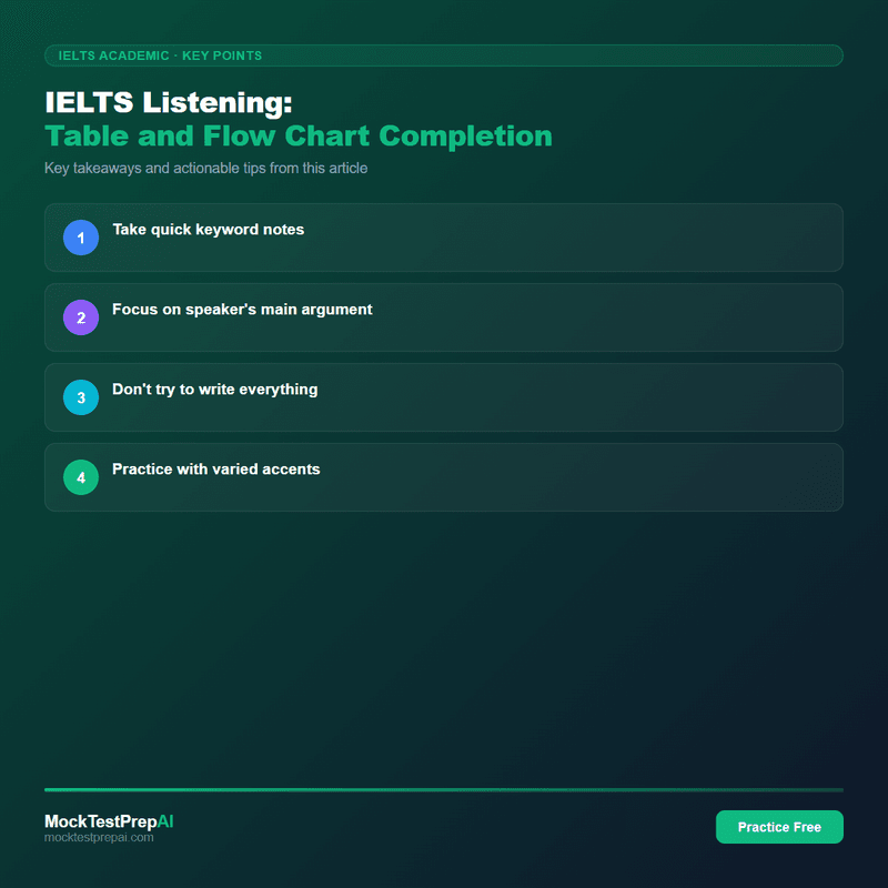 IELTS Listening: Table and Flow Chart Completion infographic