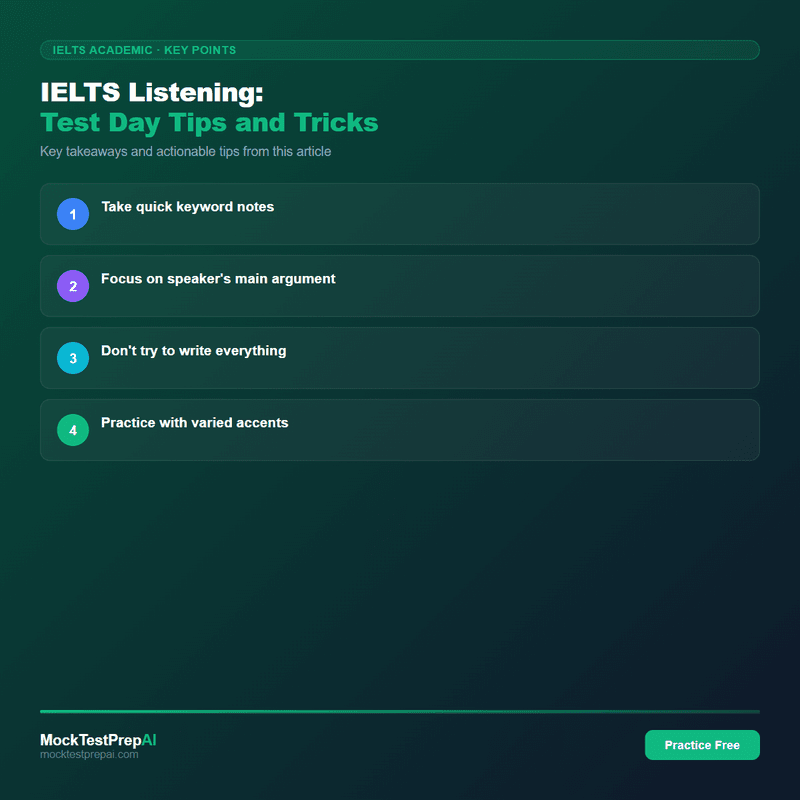 IELTS Listening: Test Day Tips and Tricks infographic