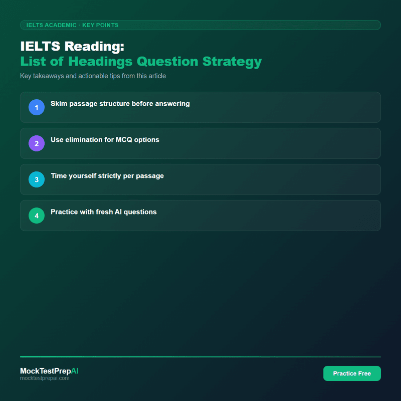 IELTS Reading: List of Headings Question Strategy infographic