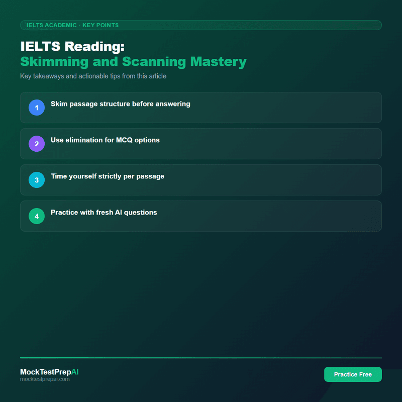IELTS Reading: Skimming and Scanning Mastery infographic