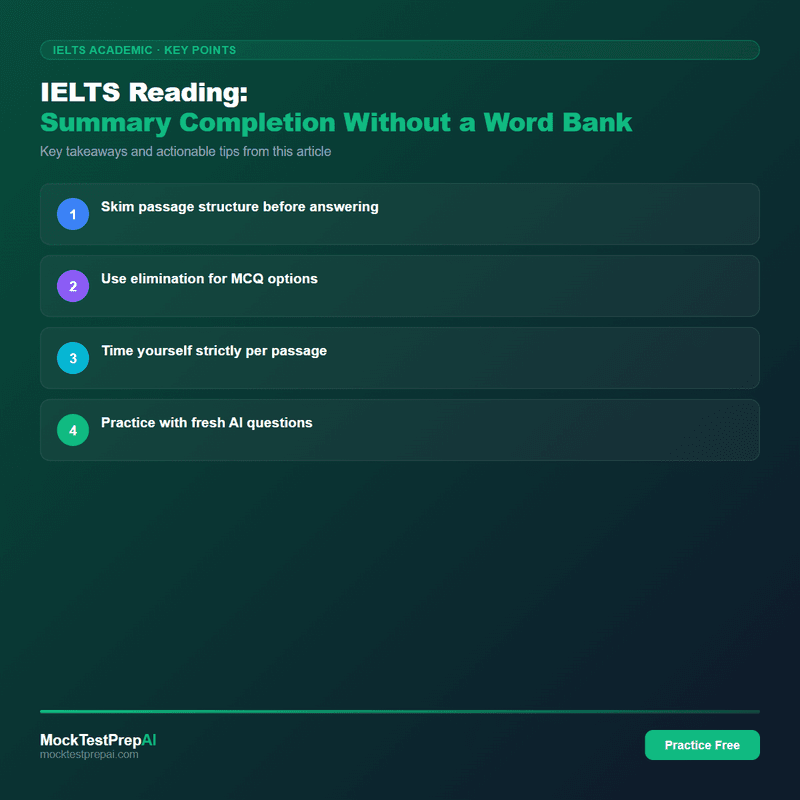 IELTS Reading: Summary Completion Without a Word Bank infographic