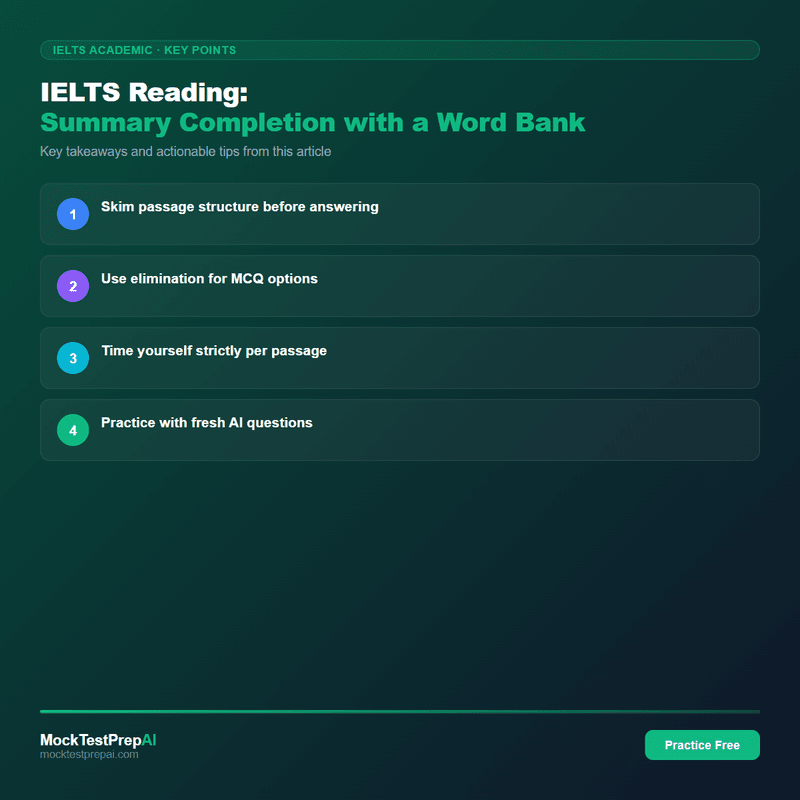 IELTS Reading: Summary Completion with a Word Bank infographic