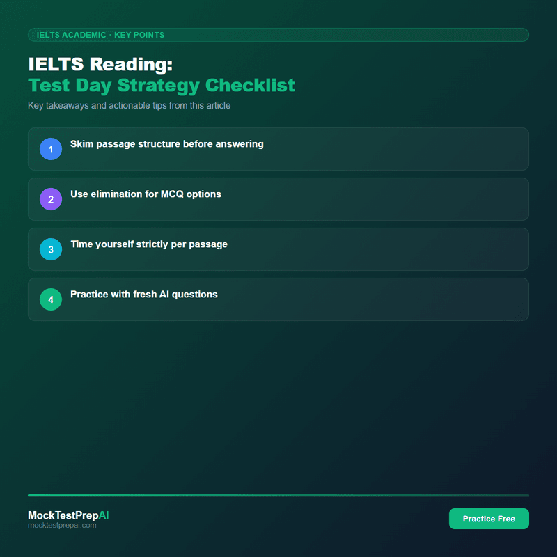 IELTS Reading: Test Day Strategy Checklist infographic