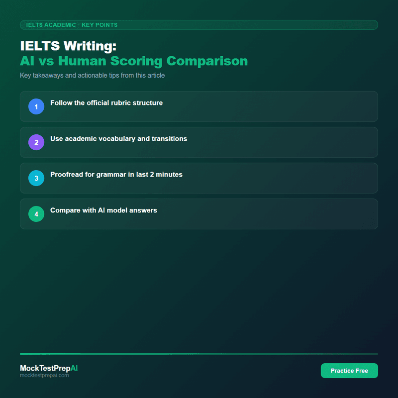 IELTS Writing: AI vs Human Scoring Comparison infographic