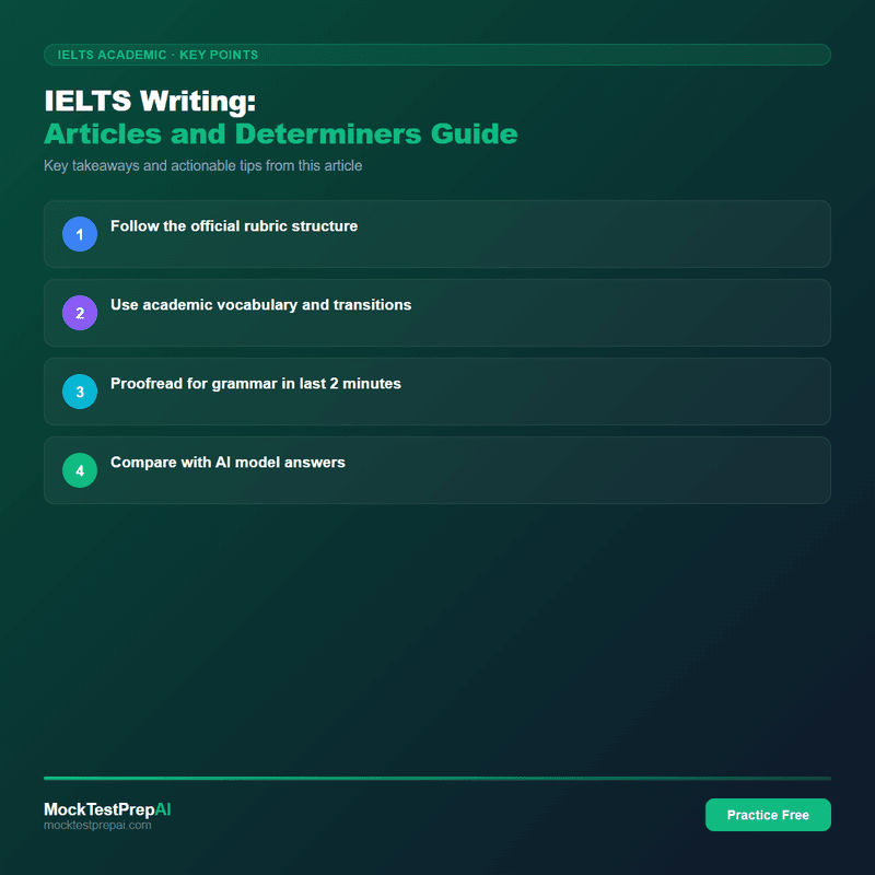 IELTS Writing: Articles and Determiners Guide infographic
