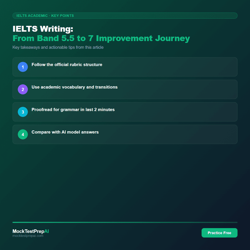IELTS Writing: From Band 5.5 to 7 Improvement Journey infographic