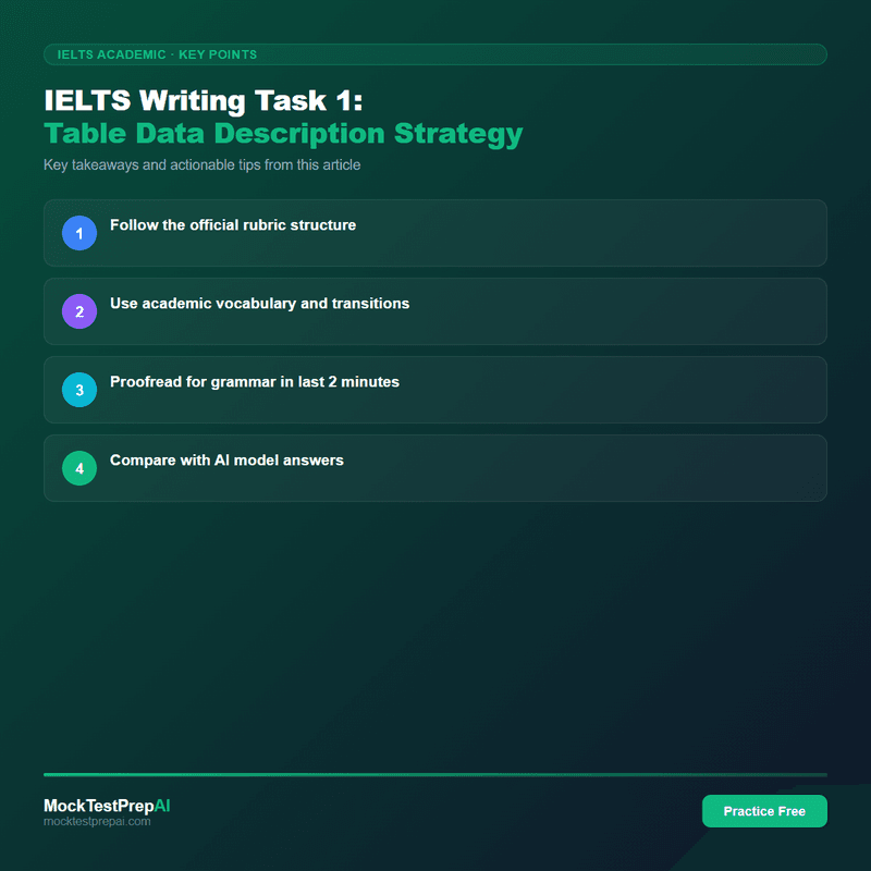 IELTS Writing Task 1: Table Data Description Strategy infographic