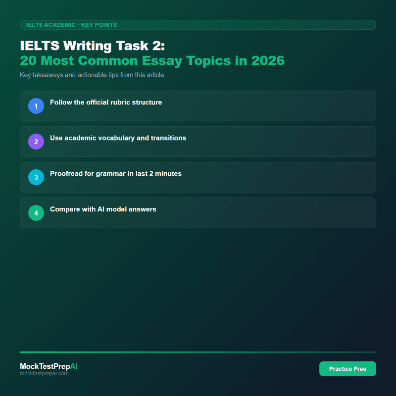 IELTS Writing Task 2: 20 Most Common Essay Topics in 2026 infographic