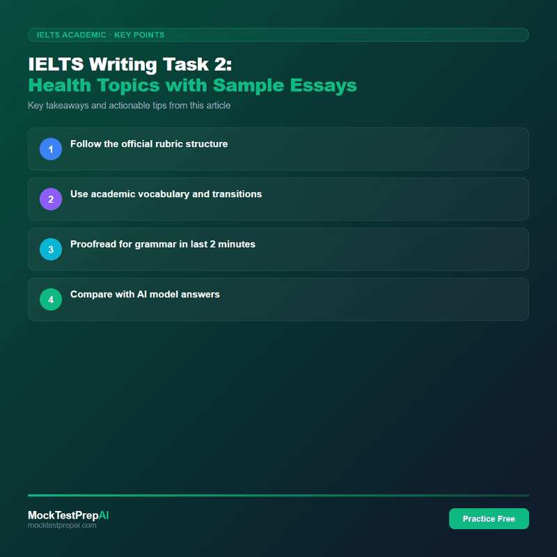 IELTS Writing Task 2: Health Topics with Sample Essays infographic