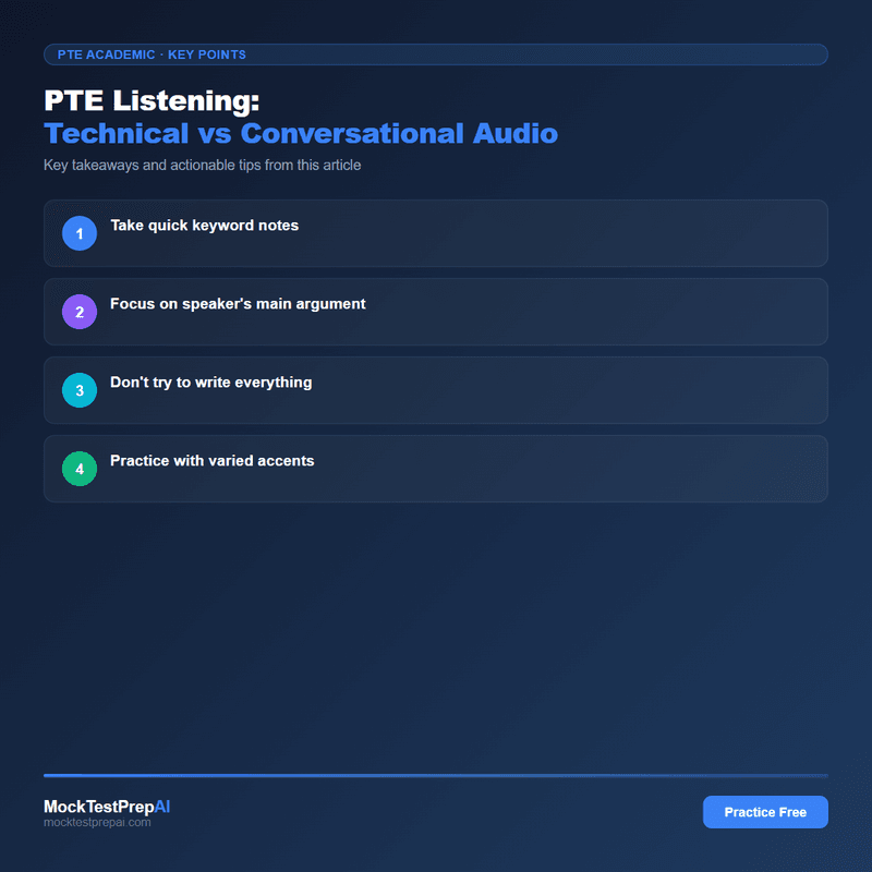 PTE Listening: Technical vs Conversational Audio infographic