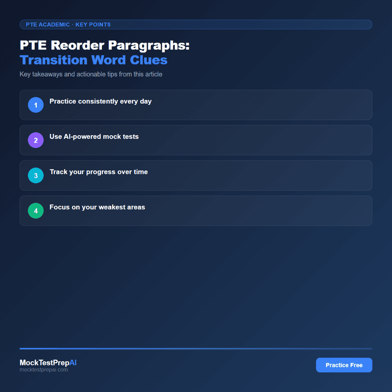 PTE Reorder Paragraphs: Transition Word Clues infographic