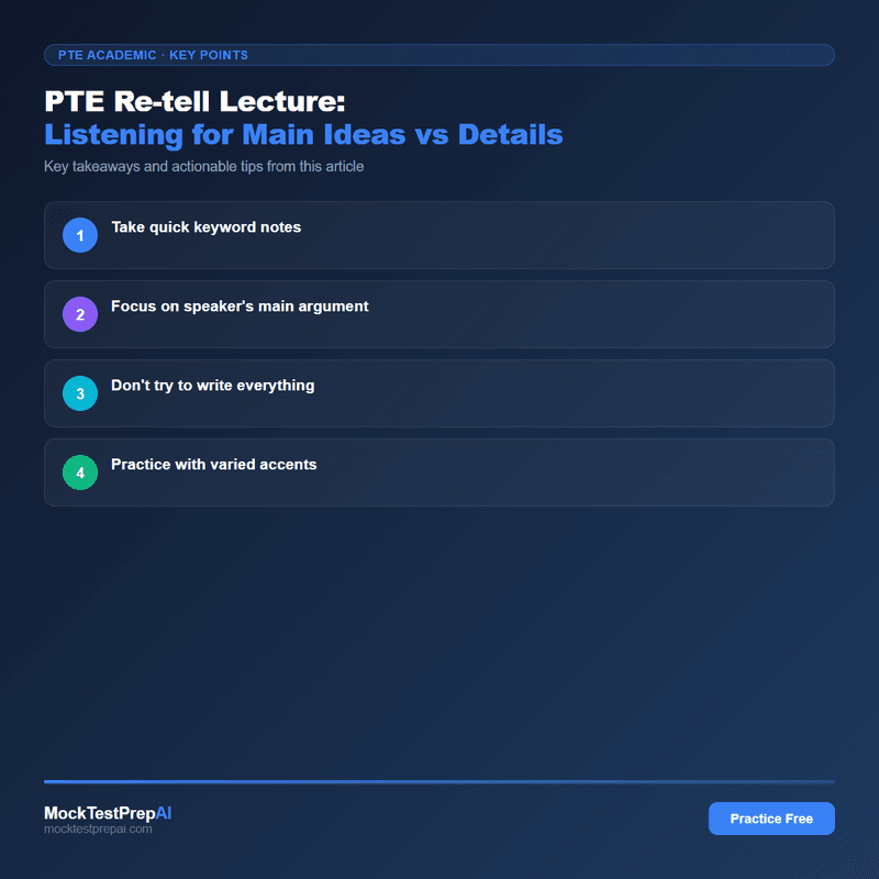 PTE Re-tell Lecture: Listening for Main Ideas vs Details infographic