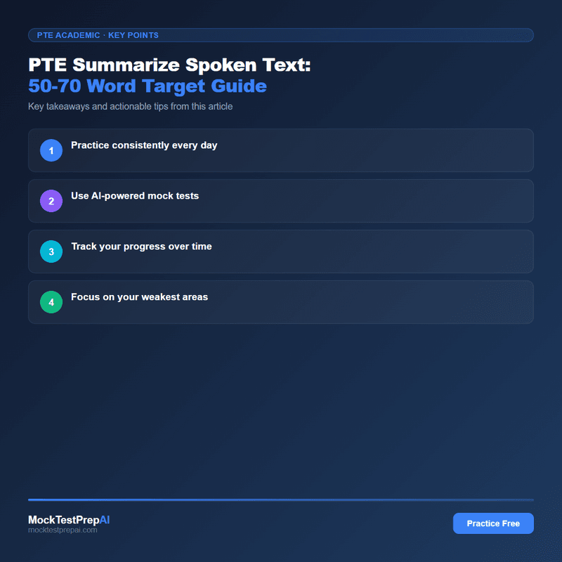 PTE Summarize Spoken Text: 50-70 Word Target Guide infographic