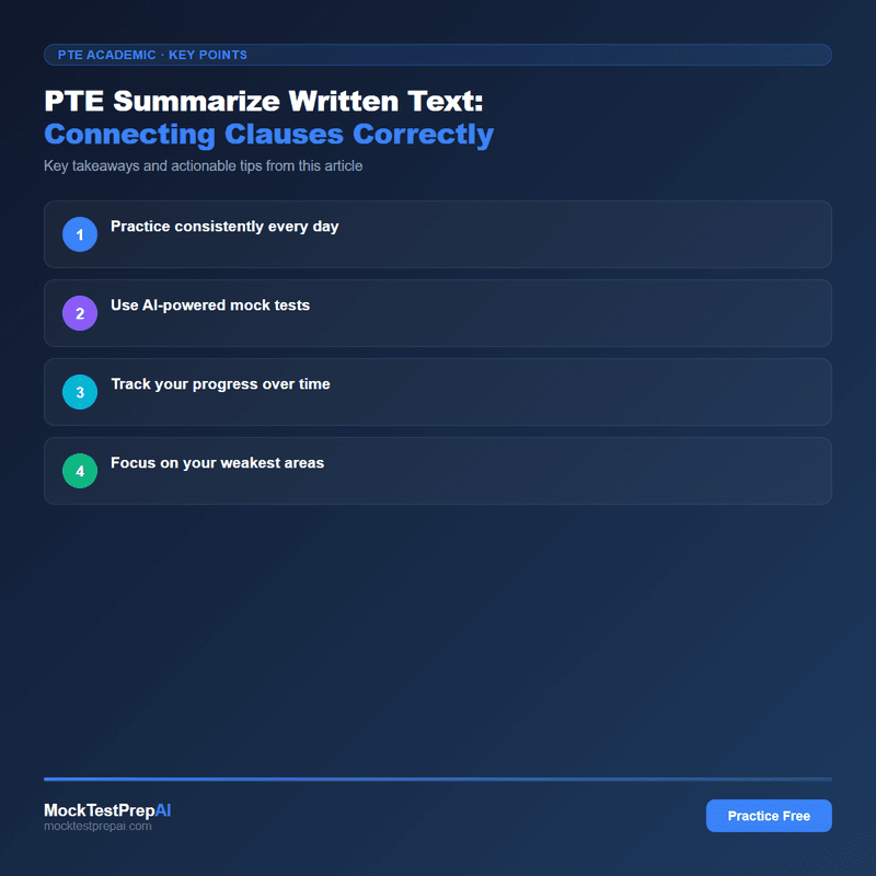 PTE Summarize Written Text: Connecting Clauses Correctly infographic
