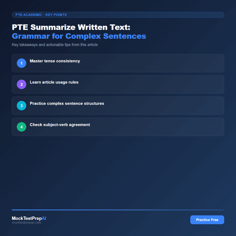 PTE Summarize Written Text: Grammar for Complex Sentences infographic