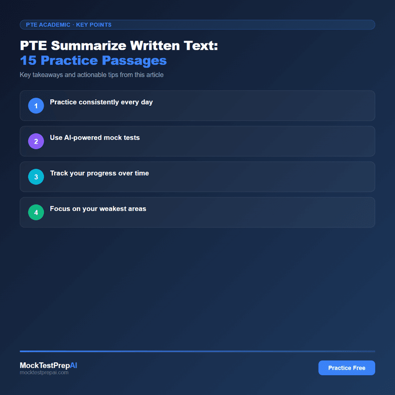 PTE Summarize Written Text: 15 Practice Passages infographic