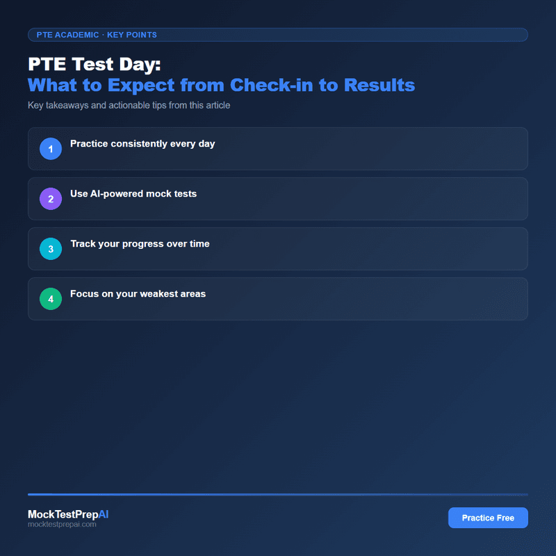 PTE Test Day: What to Expect from Check-in to Results infographic