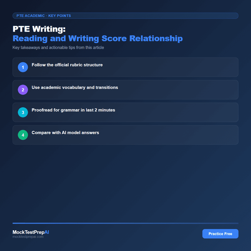 PTE Writing: Reading and Writing Score Relationship infographic