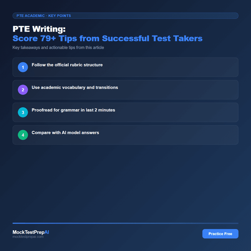 PTE Writing: Score 79+ Tips from Successful Test Takers infographic
