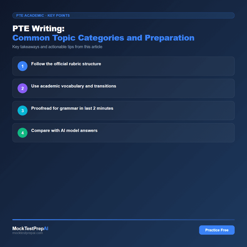 PTE Writing: Common Topic Categories and Preparation infographic