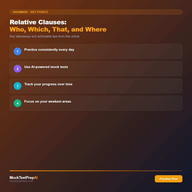 Relative Clauses: Who, Which, That, and Where infographic