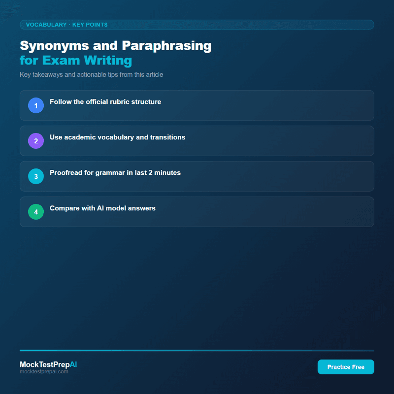 Synonyms and Paraphrasing for Exam Writing infographic