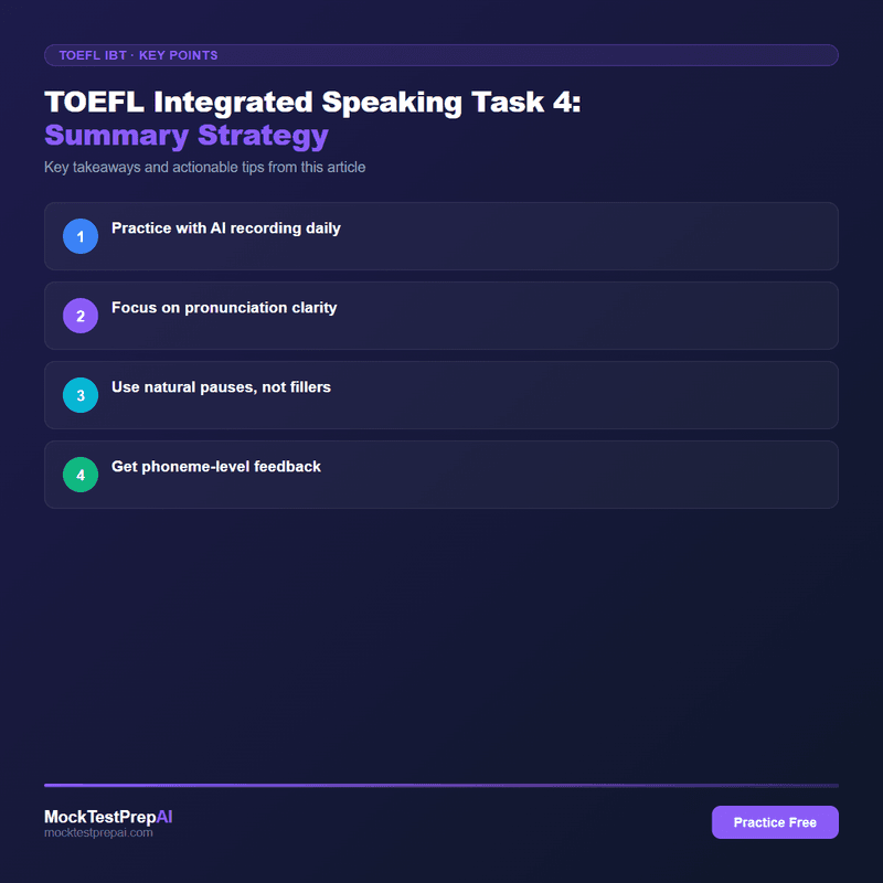 TOEFL Integrated Speaking Task 4: Summary Strategy infographic