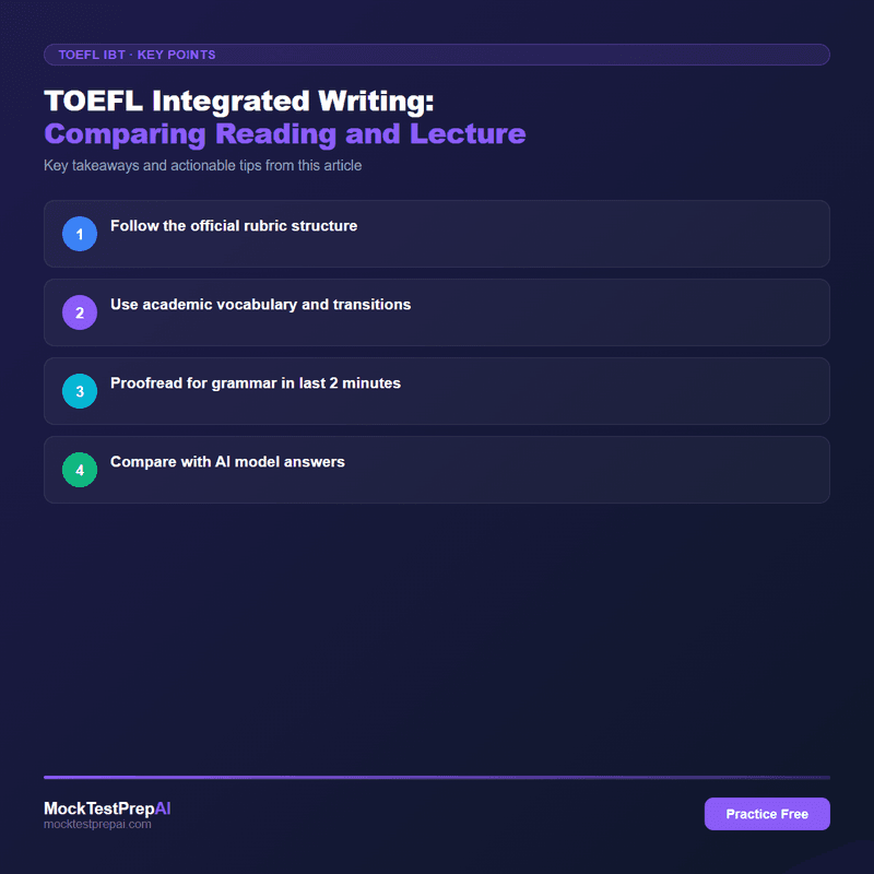 TOEFL Integrated Writing: Comparing Reading and Lecture infographic