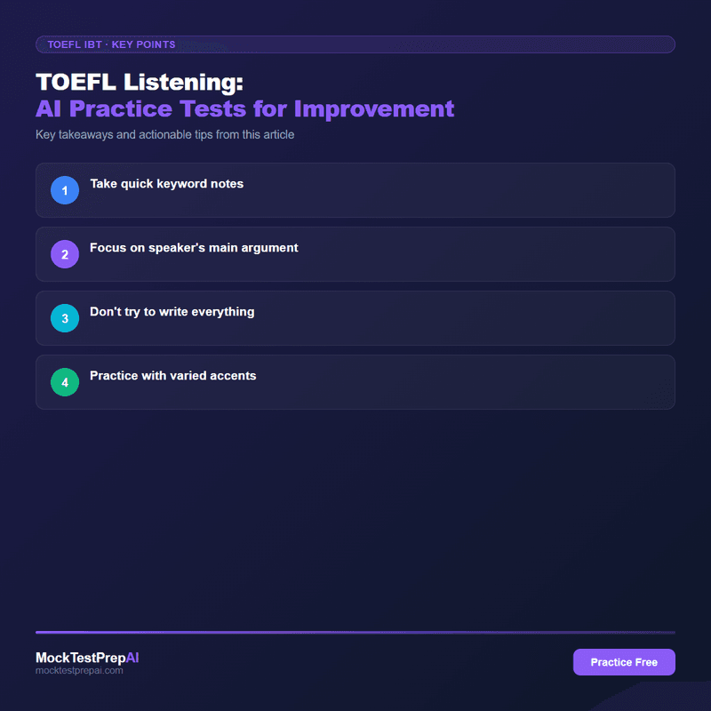 TOEFL Listening: AI Practice Tests for Improvement infographic