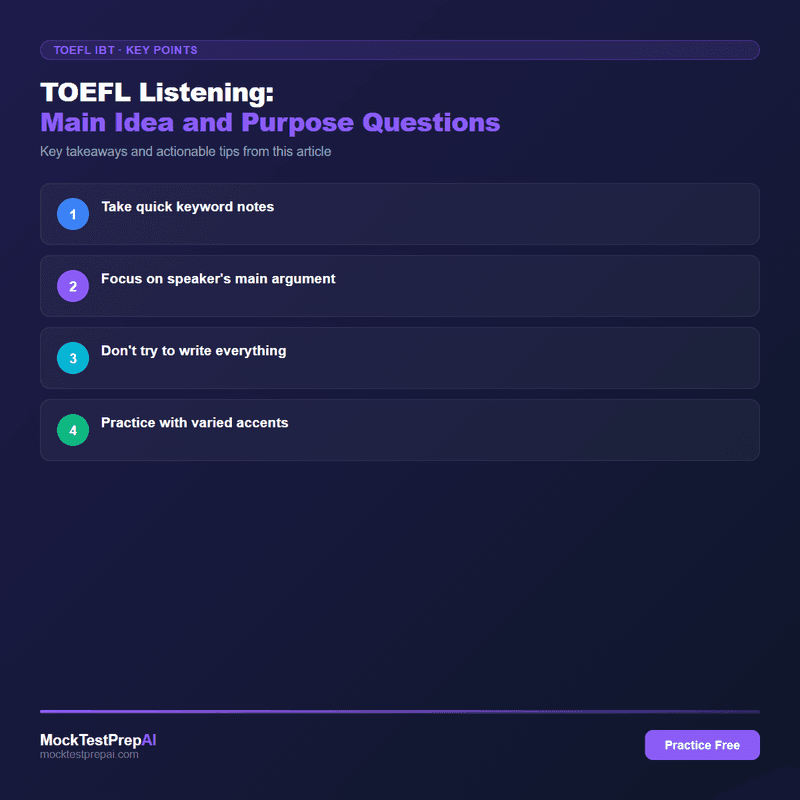 TOEFL Listening: Main Idea and Purpose Questions infographic