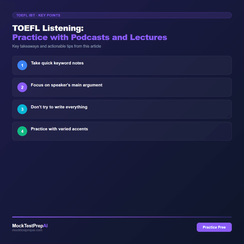 TOEFL Listening: Practice with Podcasts and Lectures infographic