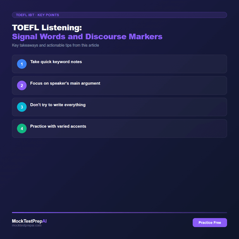 TOEFL Listening: Signal Words and Discourse Markers infographic