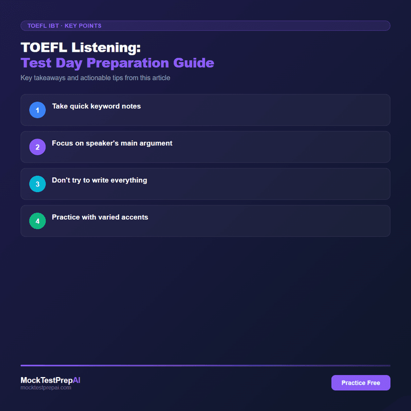 TOEFL Listening: Test Day Preparation Guide infographic