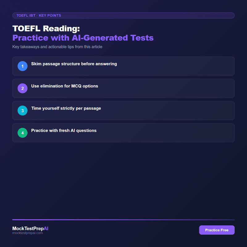TOEFL Reading: Practice with AI-Generated Tests infographic