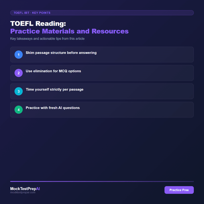TOEFL Reading: Practice Materials and Resources infographic
