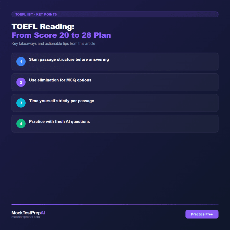 TOEFL Reading: From Score 20 to 28 Plan infographic