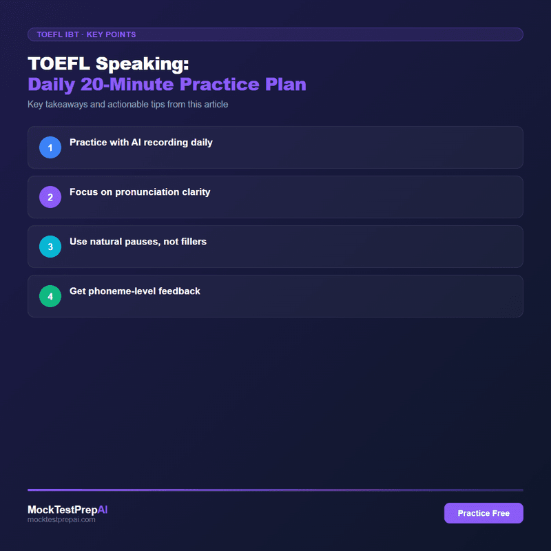TOEFL Speaking: Daily 20-Minute Practice Plan infographic