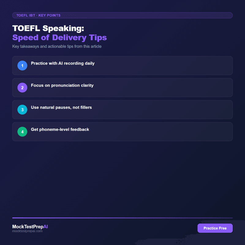 TOEFL Speaking: Speed of Delivery Tips infographic