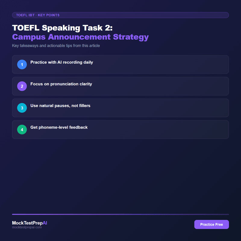 TOEFL Speaking Task 2: Campus Announcement Strategy infographic