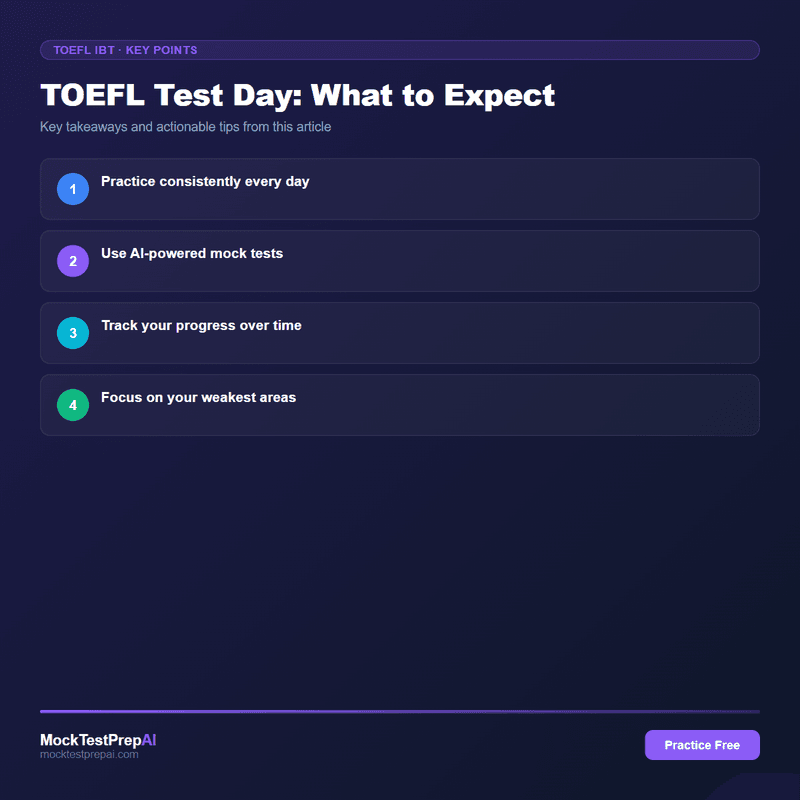 TOEFL Test Day: What to Expect infographic